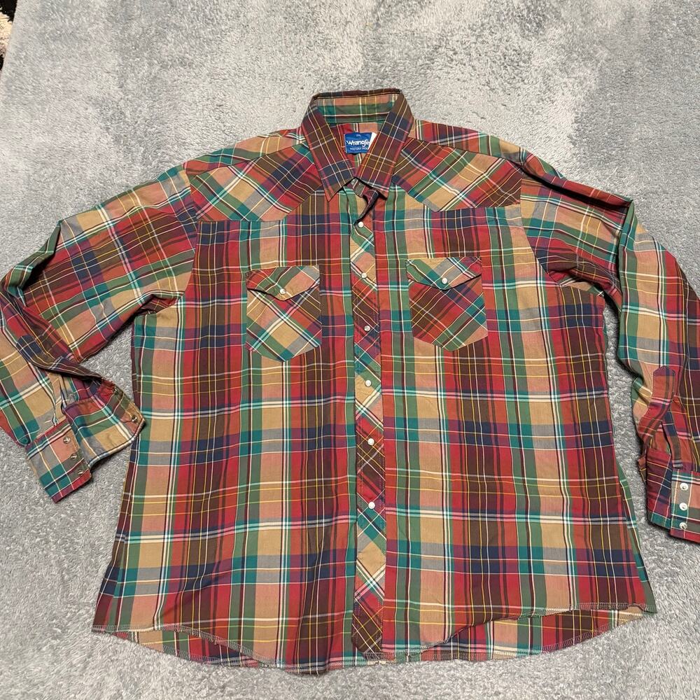 Wrangler Shirt Mens XXL Vintage Pearl Snap Plaid Western Long Sleeve